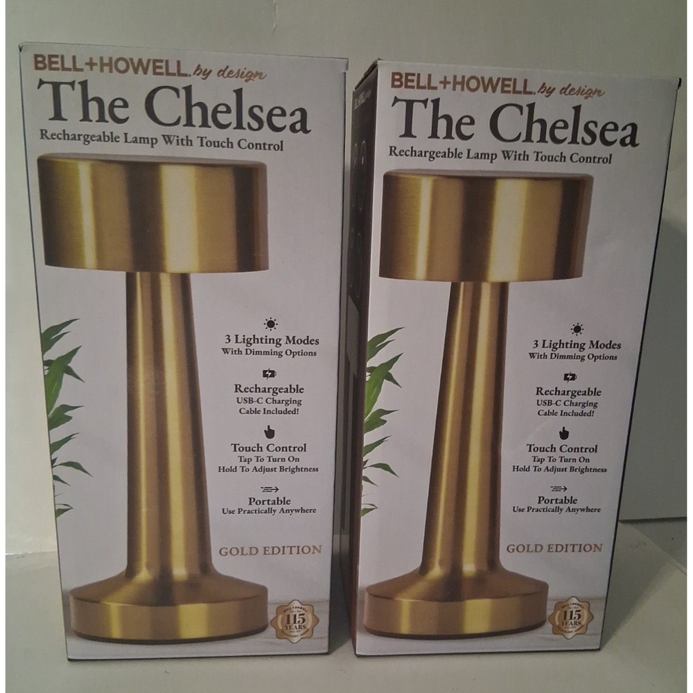 Lot of 2 Bell + Howell Chelsea Rechargeable Touch Lamps USB-C Cord Gold Portable